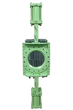 Pneumatic double gate knife gate valves